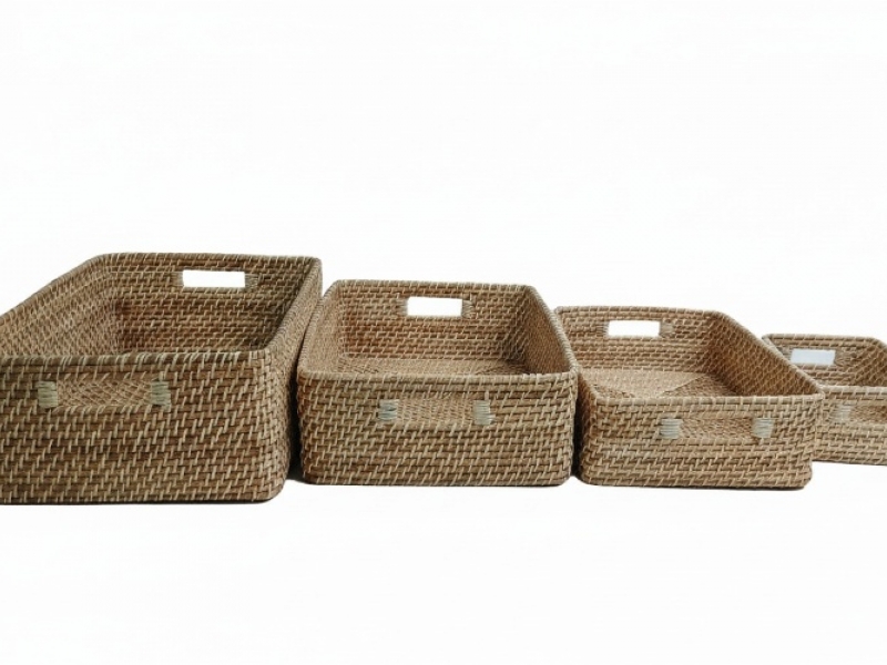 Premium Rectangular Rattan Low Totes Set of 4